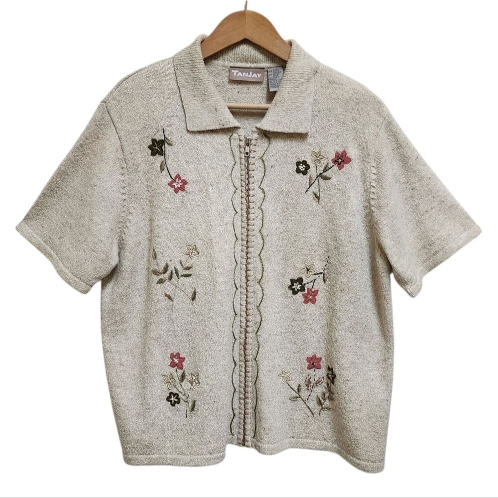 TanJay Beige Floral Embroidered Short Slv Full Zip Knit Cardigan Sweater Sz L
